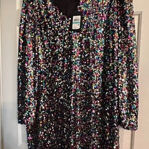 DKNY Size 16 Multicolor Sequin Long Sleeve V-Neck Party Dress NWT